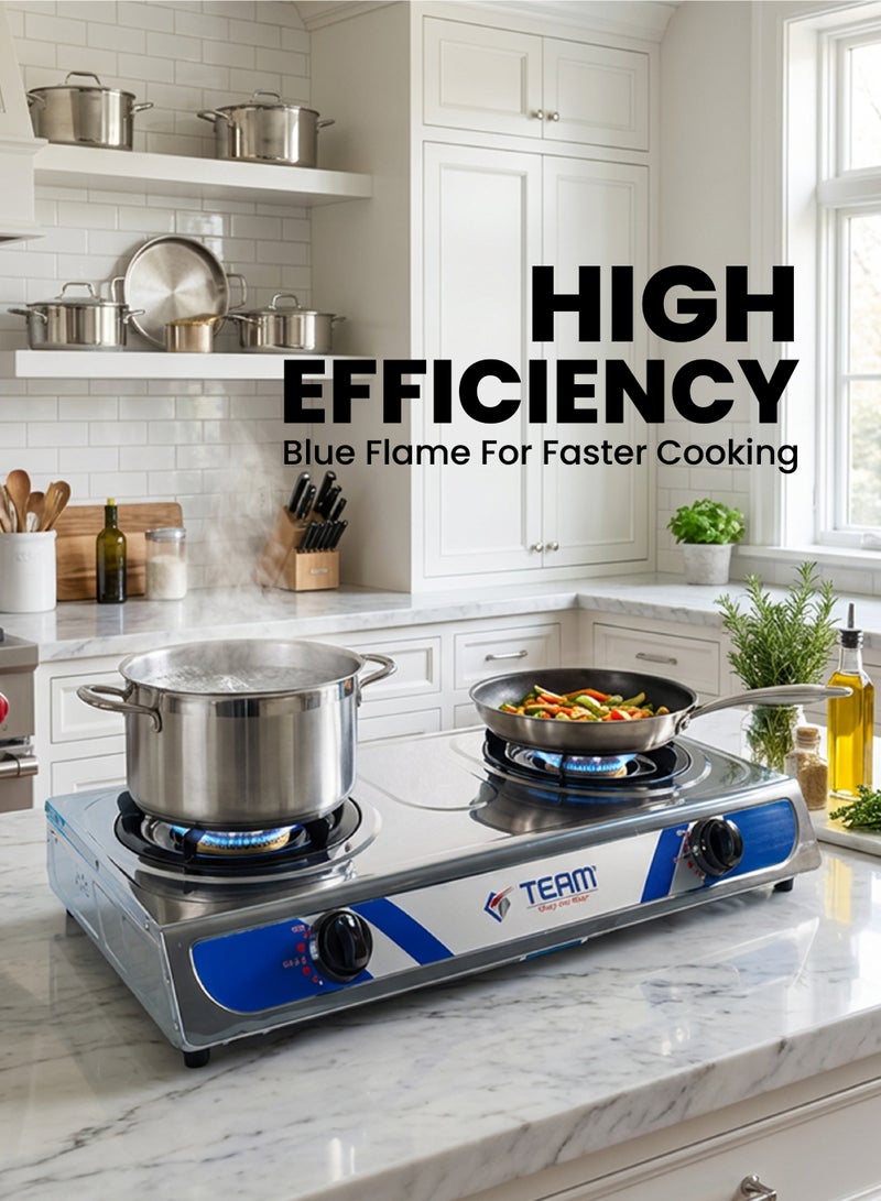 Team Stainless Steel 2‑Burner Gas Stove with Automatic Ignition | High Efficiency Blue Flame | Low Gas Consumption | Detachable Trivet | LPG Gas Cooktop for Home Kitchen - Image 4